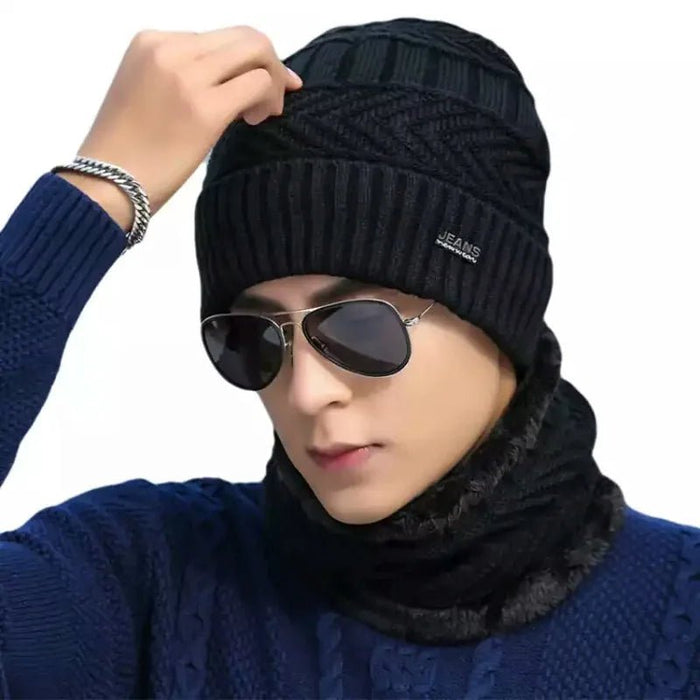 SaneShoppe - Men Winter Hat Scarf Set Male Fleece Knitted Beanie Cap with Neck Warmer Balaclava Skullcap