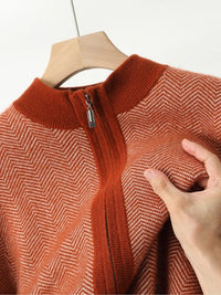 SaneShoppe - Men Zippers 100% Merino Wool Sweater Cardigan Pants Sets Autumn Winter Knitted Thick Herringbone Color Blocking Pencil Trousers