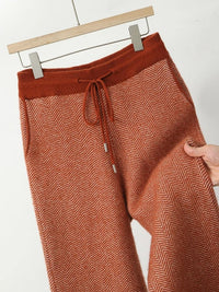 SaneShoppe - Men Zippers 100% Merino Wool Sweater Cardigan Pants Sets Autumn Winter Knitted Thick Herringbone Color Blocking Pencil Trousers