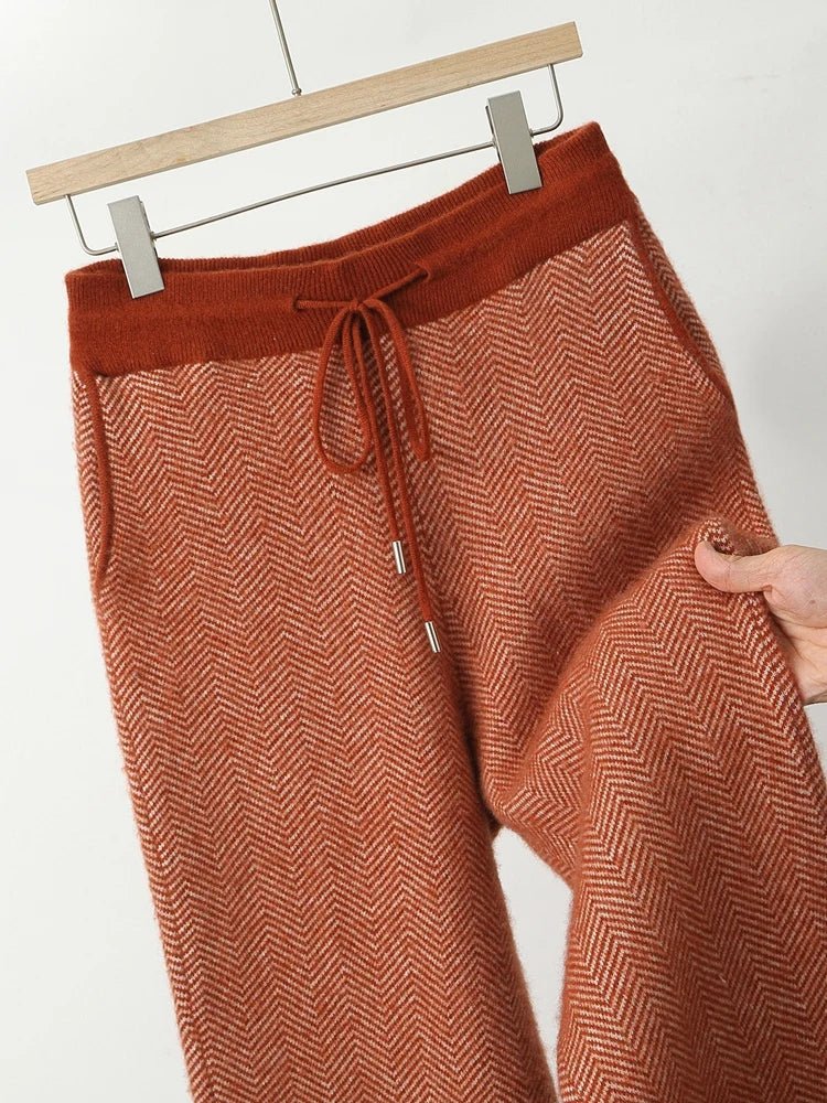 SaneShoppe - Men Zippers 100% Merino Wool Sweater Cardigan Pants Sets Autumn Winter Knitted Thick Herringbone Color Blocking Pencil Trousers