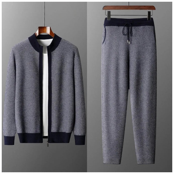 SaneShoppe - Men Zippers 100% Merino Wool Sweater Cardigan Pants Sets Autumn Winter Knitted Thick Herringbone Color Blocking Pencil Trousers