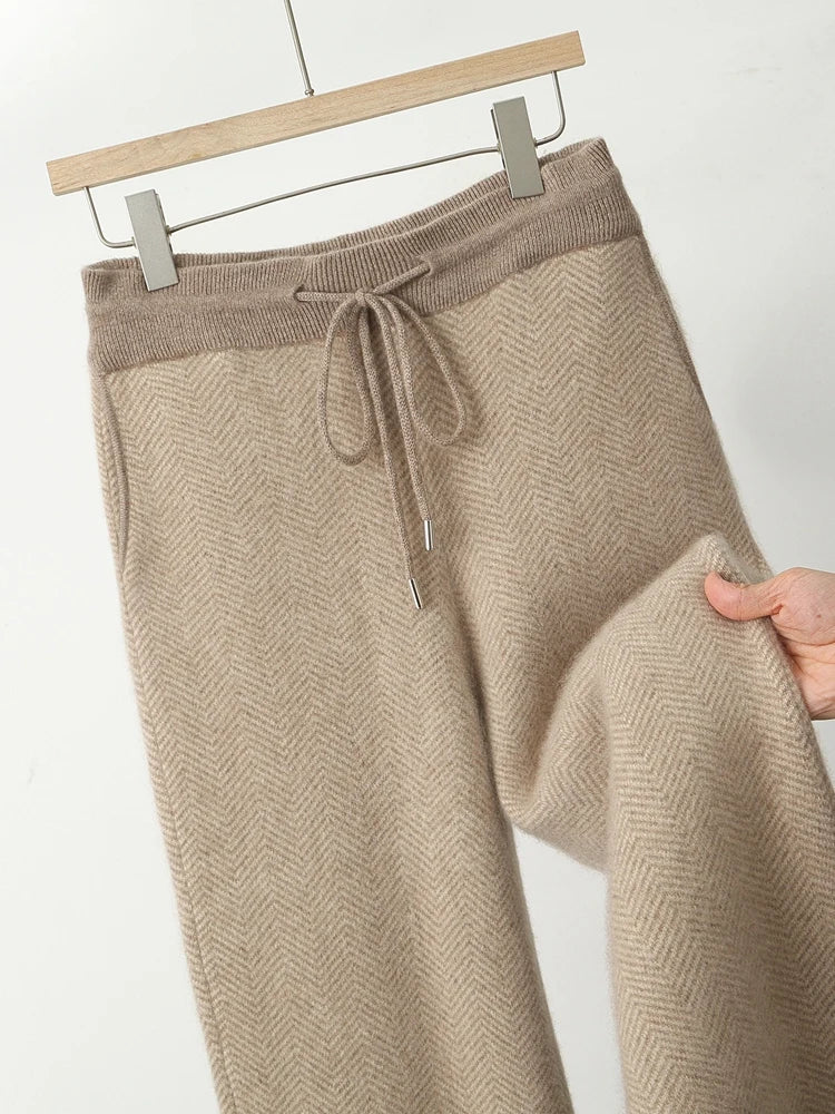 SaneShoppe - Men Zippers 100% Merino Wool Sweater Cardigan Pants Sets Autumn Winter Knitted Thick Herringbone Color Blocking Pencil Trousers