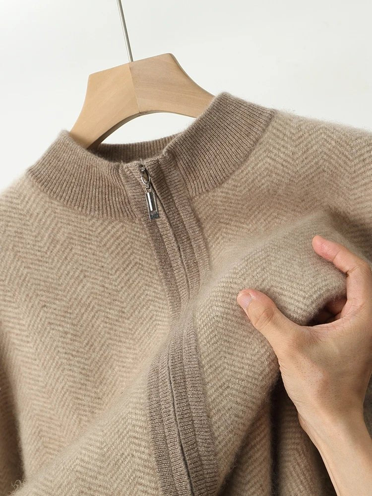 SaneShoppe - Men Zippers 100% Merino Wool Sweater Cardigan Pants Sets Autumn Winter Knitted Thick Herringbone Color Blocking Pencil Trousers