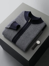 SaneShoppe - Men Zippers 100% Merino Wool Sweater Cardigan Pants Sets Autumn Winter Knitted Thick Herringbone Color Blocking Pencil Trousers