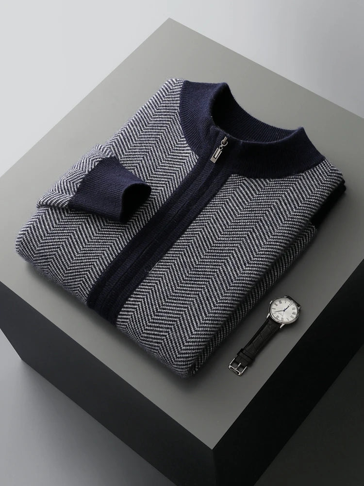 SaneShoppe - Men Zippers 100% Merino Wool Sweater Cardigan Pants Sets Autumn Winter Knitted Thick Herringbone Color Blocking Pencil Trousers