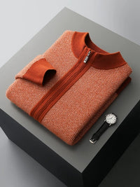 SaneShoppe - Men Zippers 100% Merino Wool Sweater Cardigan Pants Sets Autumn Winter Knitted Thick Herringbone Color Blocking Pencil Trousers