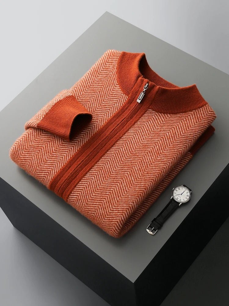 SaneShoppe - Men Zippers 100% Merino Wool Sweater Cardigan Pants Sets Autumn Winter Knitted Thick Herringbone Color Blocking Pencil Trousers