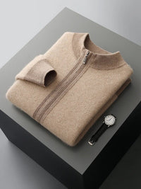 SaneShoppe - Men Zippers 100% Merino Wool Sweater Cardigan Pants Sets Autumn Winter Knitted Thick Herringbone Color Blocking Pencil Trousers