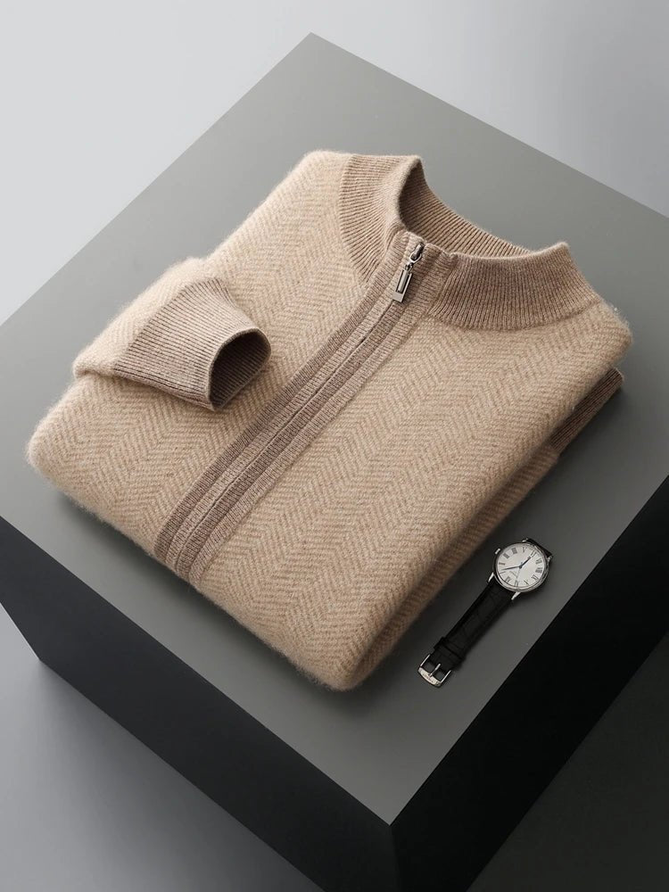 SaneShoppe - Men Zippers 100% Merino Wool Sweater Cardigan Pants Sets Autumn Winter Knitted Thick Herringbone Color Blocking Pencil Trousers