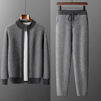SaneShoppe - Men Zippers 100% Merino Wool Sweater Cardigan Pants Sets Autumn Winter Knitted Thick Herringbone Color Blocking Pencil Trousers