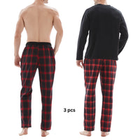 SaneShoppe-Men's Check Cotton Pyjama Set with Fleece Top, 3-Piece White/Red