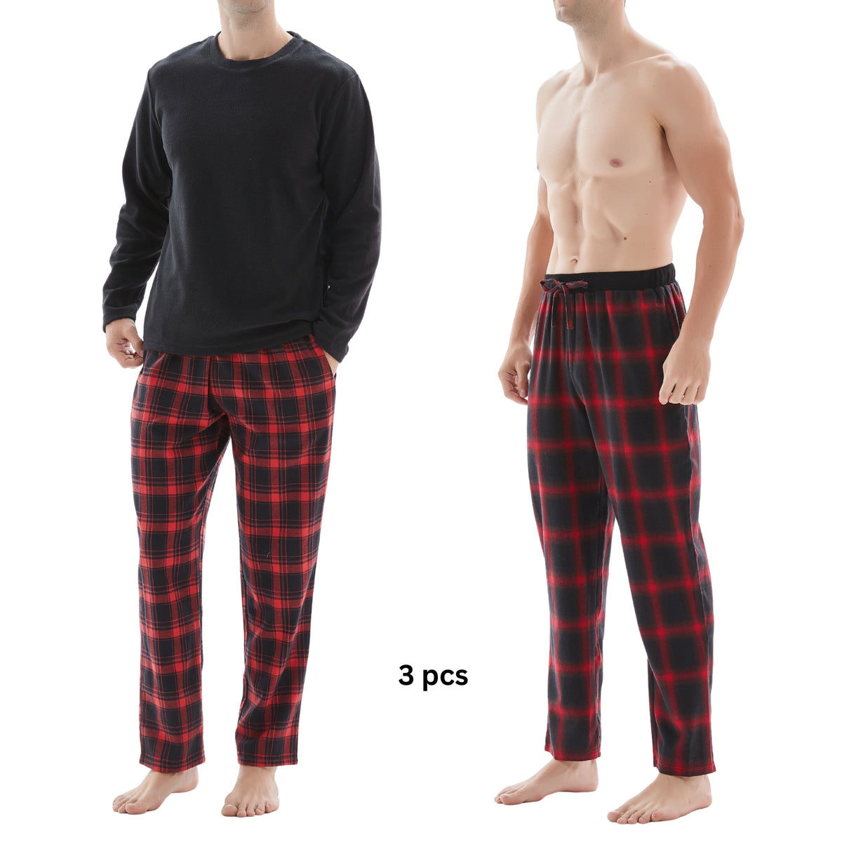 SaneShoppe-Men's Check Cotton Pyjama Set with Fleece Top, 3-Piece White/Red