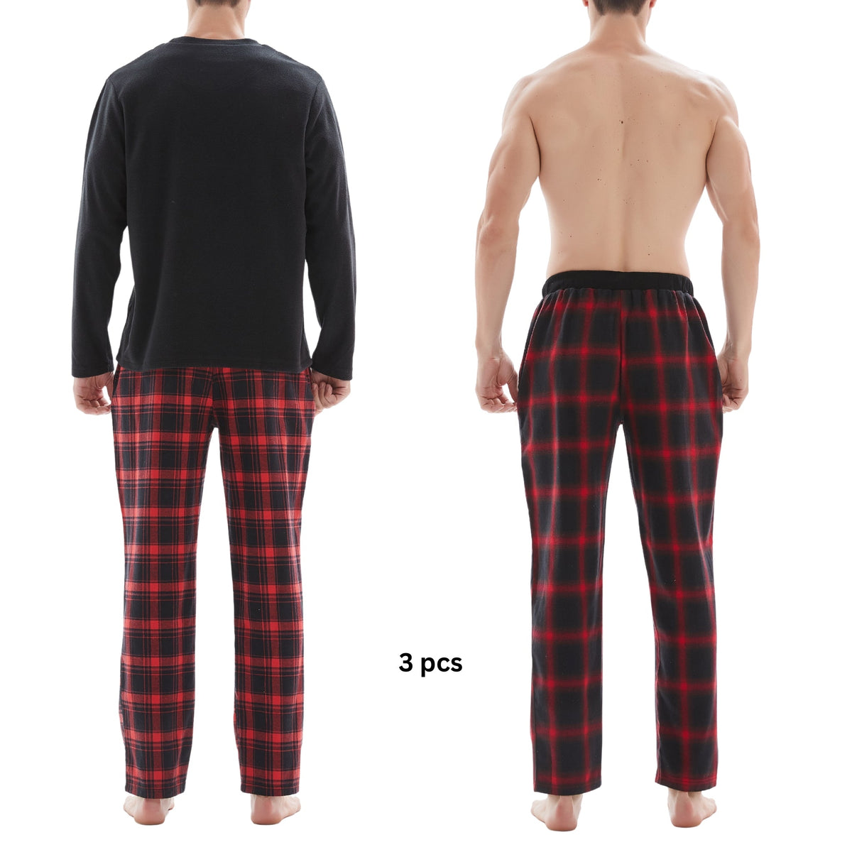 SaneShoppe-Men's Check Cotton Pyjama Set with Fleece Top, 3-Piece White/Red