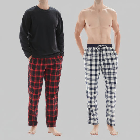 SaneShoppe-Men's Check Cotton Pyjama Set with Fleece Top, 3-Piece White/Red
