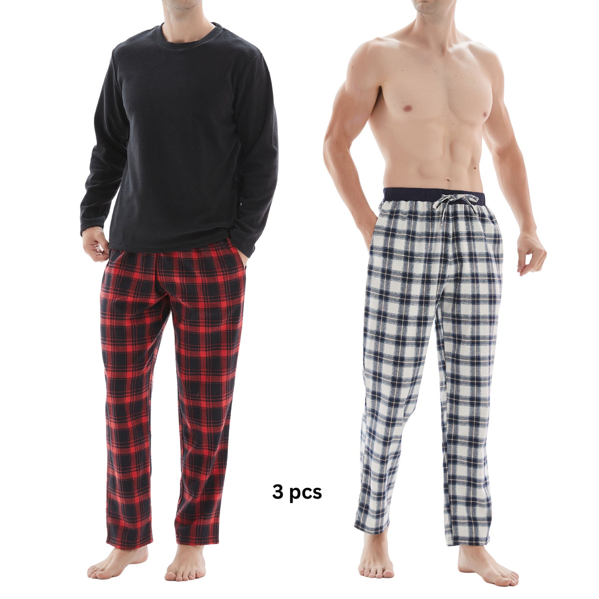 SaneShoppe-Men's Check Cotton Pyjama Set with Fleece Top, 3-Piece White/Red