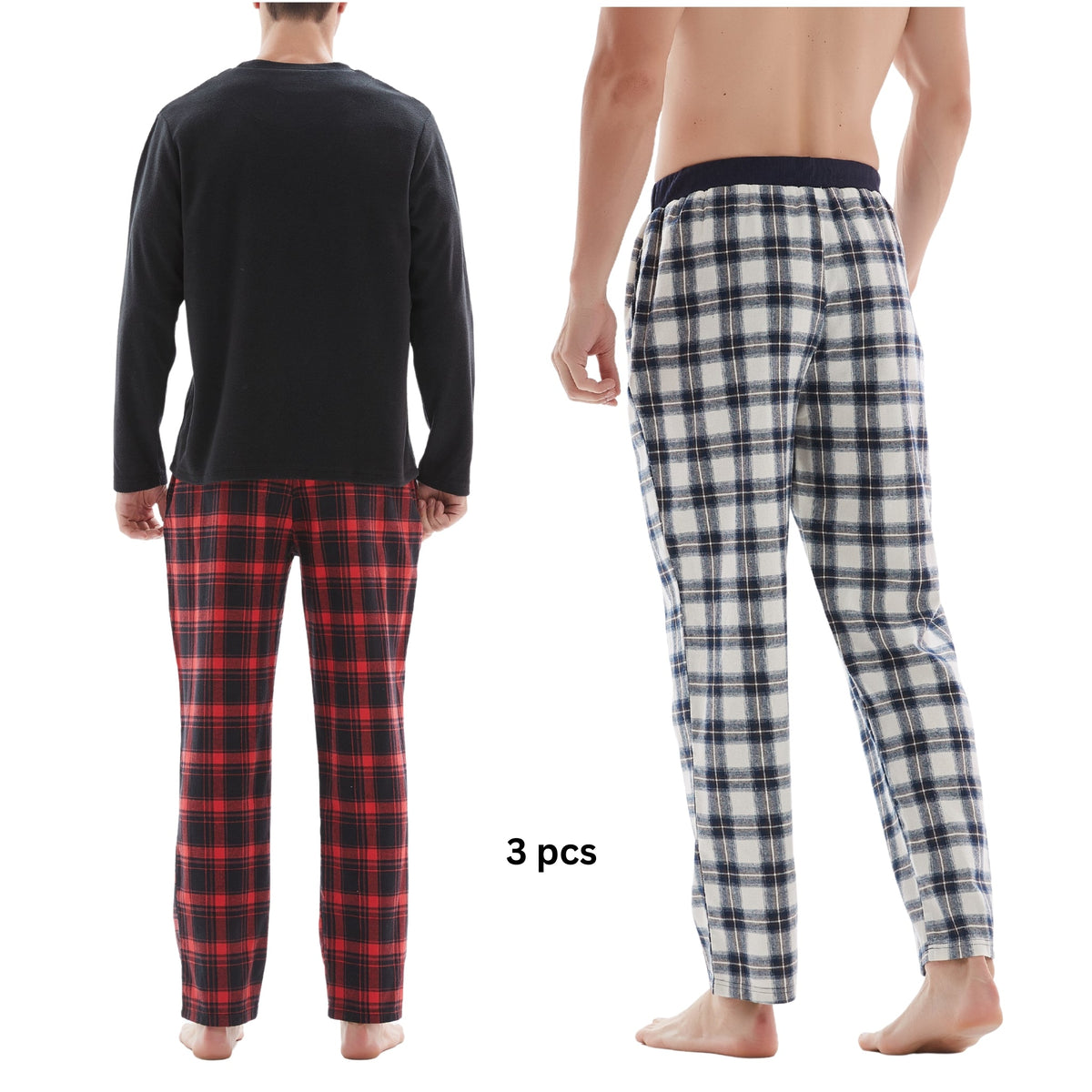SaneShoppe-Men's Check Cotton Pyjama Set with Fleece Top, 3-Piece White/Red