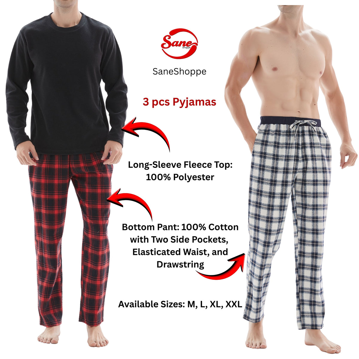SaneShoppe-Men's Check Cotton Pyjama Set with Fleece Top, 3-Piece White/Red