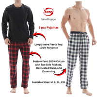 SaneShoppe-Men's Check Cotton Pyjama Set with Fleece Top, 3-Piece White/Red