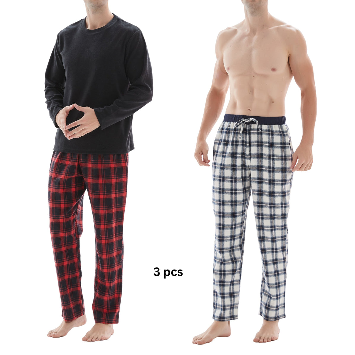 SaneShoppe-Men's Check Cotton Pyjama Set with Fleece Top, 3-Piece White/Red