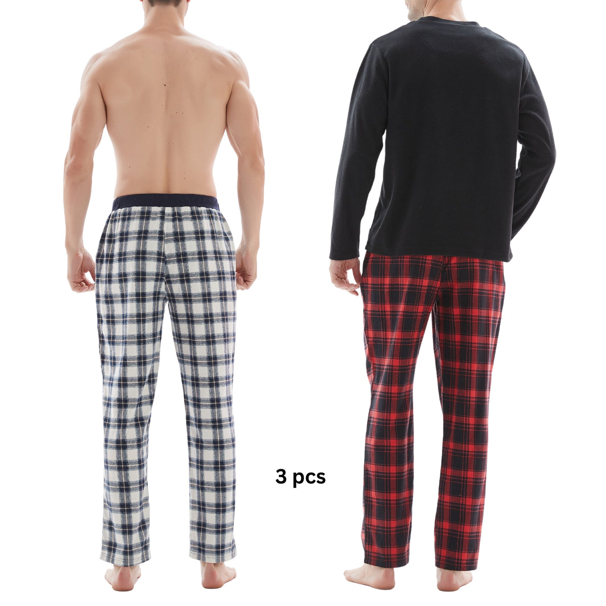 SaneShoppe-Men's Check Cotton Pyjama Set with Fleece Top, 3-Piece White/Red