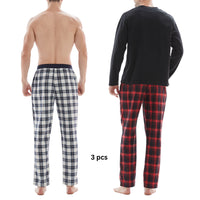 SaneShoppe-Men's Check Cotton Pyjama Set with Fleece Top, 3-Piece White/Red