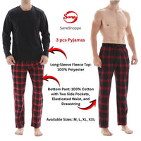 SaneShoppe-Men's Check Cotton Pyjama Set with Fleece Top, 3-Piece White/Red