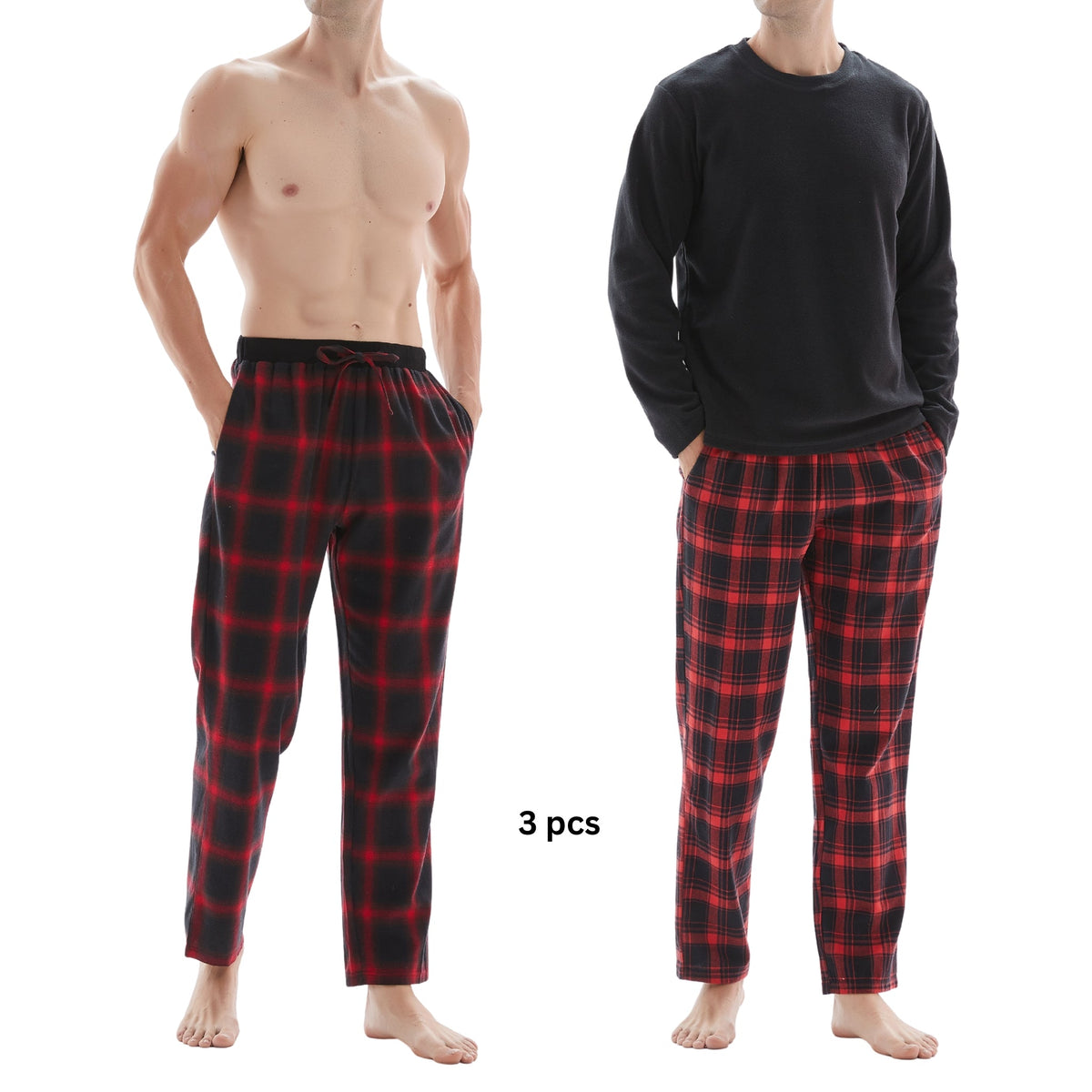 SaneShoppe-Men's Check Cotton Pyjama Set with Fleece Top, 3-Piece White/Red
