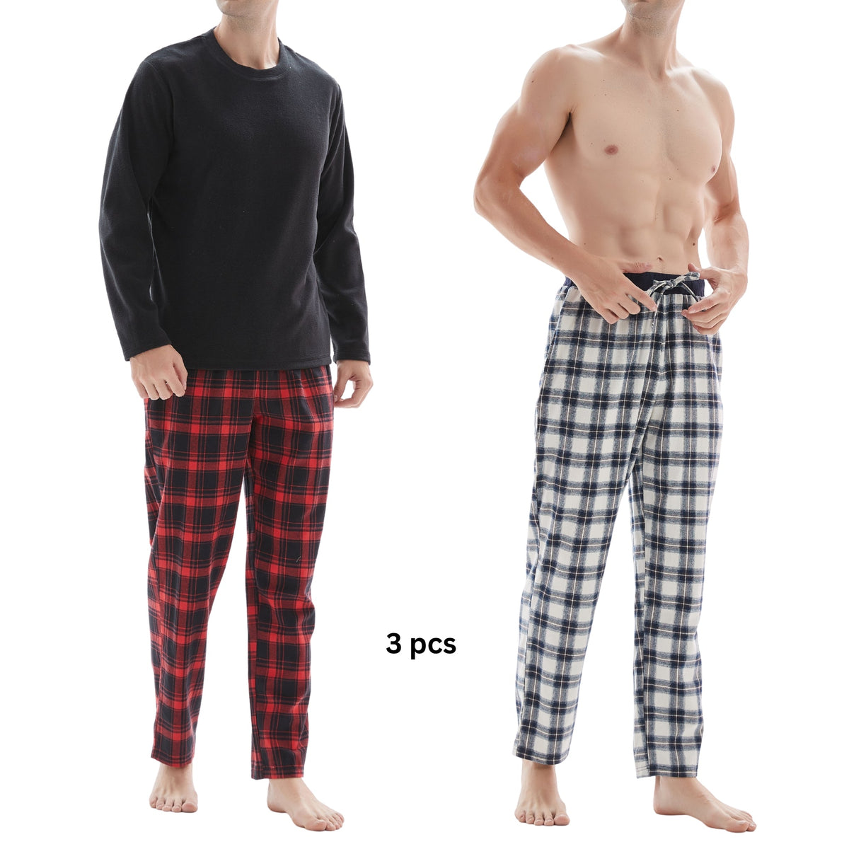 SaneShoppe-Men's Check Cotton Pyjama Set with Fleece Top, 3-Piece White/Red