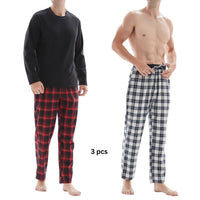 SaneShoppe-Men's Check Cotton Pyjama Set with Fleece Top, 3-Piece White/Red