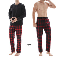 SaneShoppe-Men's Check Cotton Pyjama Set with Fleece Top, 3-Piece White/Red