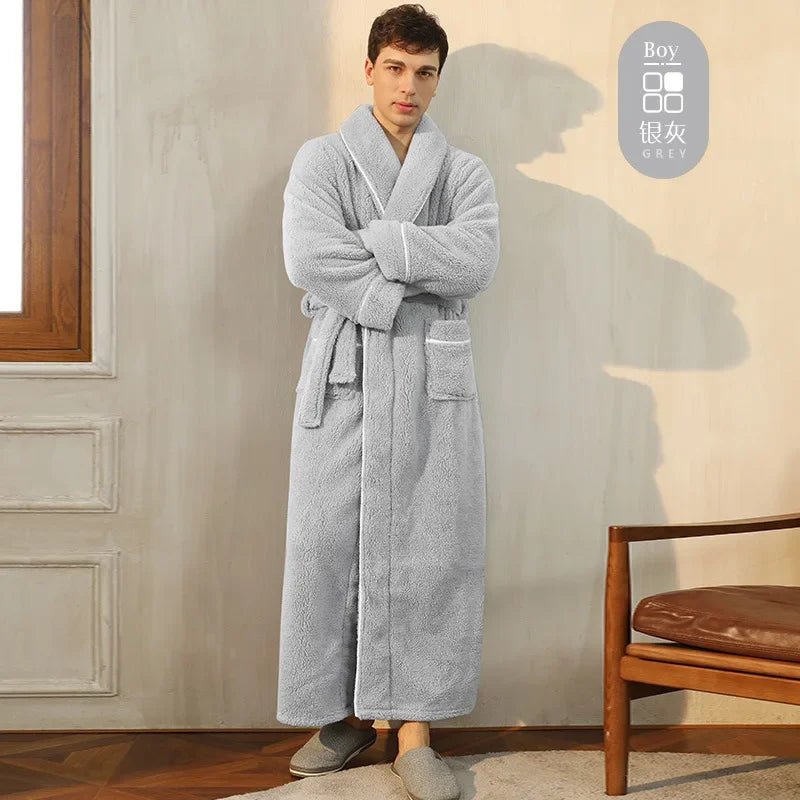 SaneShoppe - Men's and Women's Styles Winter Bathrobe Long Sleeve Warm Turn Down Collar Fluffy Bath Robe with Sashes Solid Fleece Gown 2025