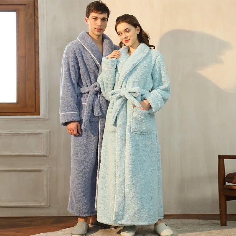 SaneShoppe - Men's and Women's Styles Winter Bathrobe Long Sleeve Warm Turn Down Collar Fluffy Bath Robe with Sashes Solid Fleece Gown 2025