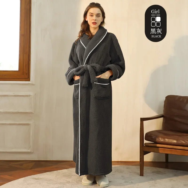 SaneShoppe - Men's and Women's Styles Winter Bathrobe Long Sleeve Warm Turn Down Collar Fluffy Bath Robe with Sashes Solid Fleece Gown 2025