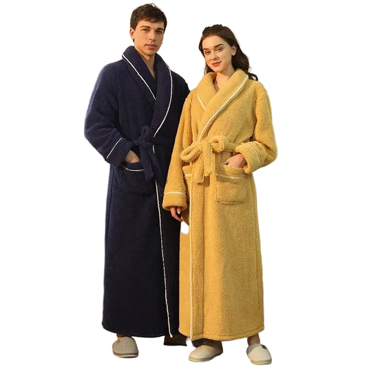 SaneShoppe - Men's and Women's Styles Winter Bathrobe Long Sleeve Warm Turn Down Collar Fluffy Bath Robe with Sashes Solid Fleece Gown 2025