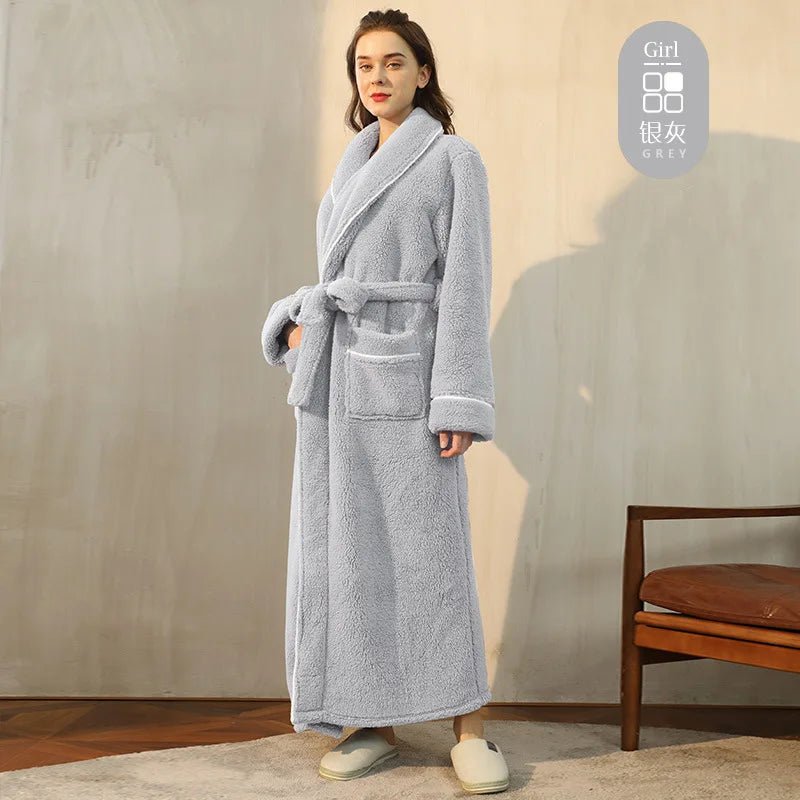 SaneShoppe - Men's and Women's Styles Winter Bathrobe Long Sleeve Warm Turn Down Collar Fluffy Bath Robe with Sashes Solid Fleece Gown 2025