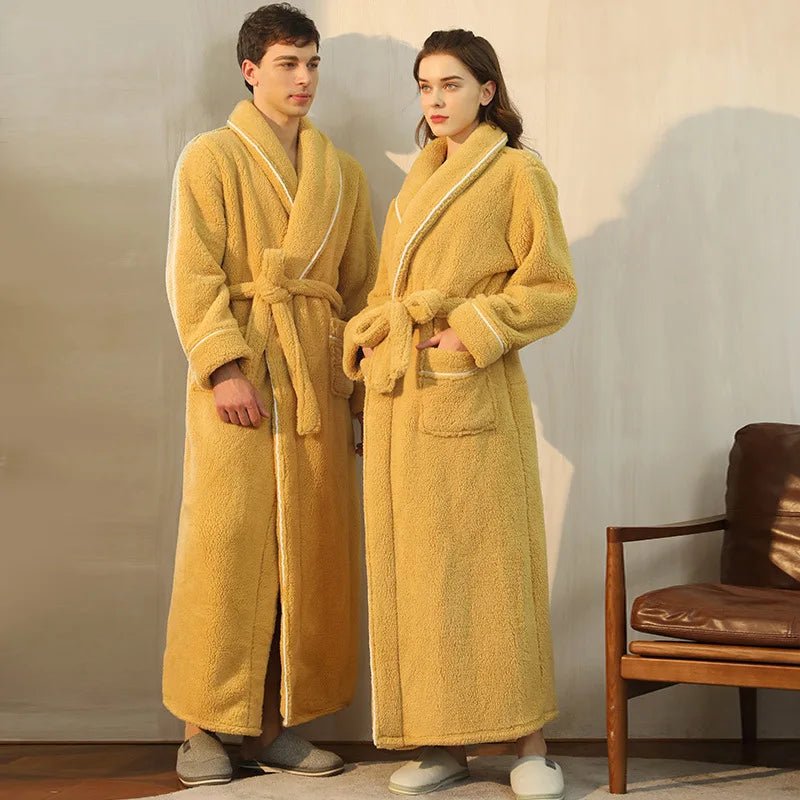 SaneShoppe - Men's and Women's Styles Winter Bathrobe Long Sleeve Warm Turn Down Collar Fluffy Bath Robe with Sashes Solid Fleece Gown 2025
