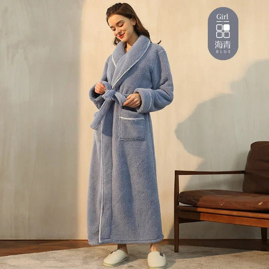 SaneShoppe - Men's and Women's Styles Winter Bathrobe Long Sleeve Warm Turn Down Collar Fluffy Bath Robe with Sashes Solid Fleece Gown 2025