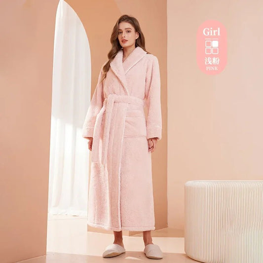 SaneShoppe - Men's and Women's Styles Winter Bathrobe Long Sleeve Warm Turn Down Collar Fluffy Bath Robe with Sashes Solid Fleece Gown 2025