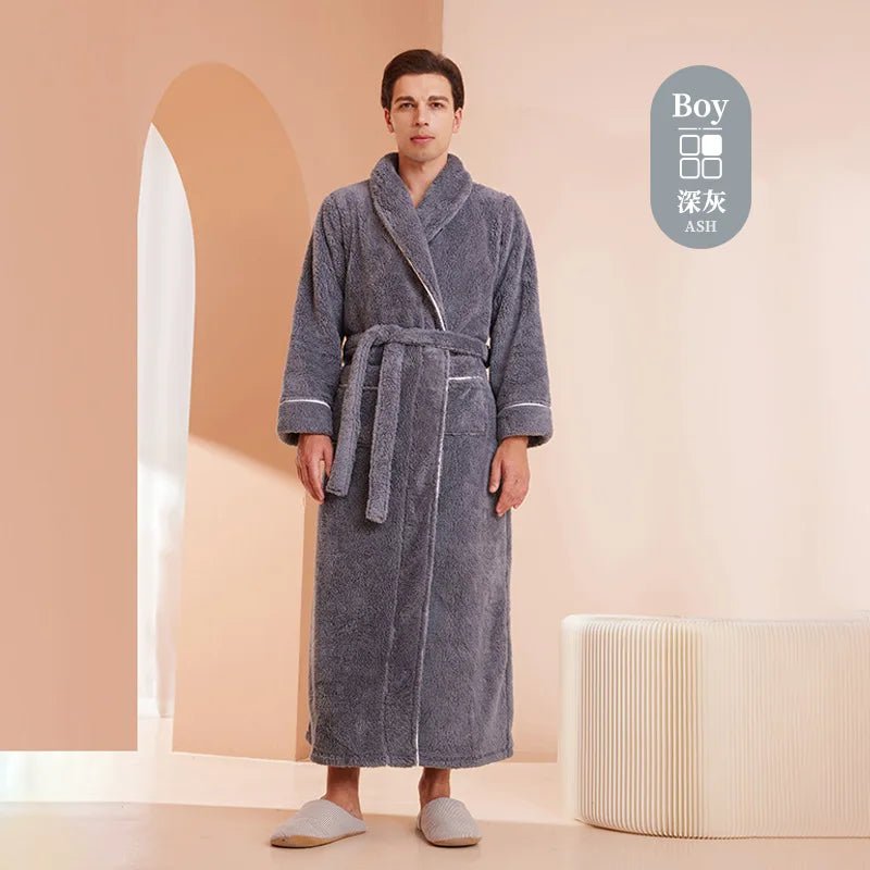 SaneShoppe - Men's and Women's Styles Winter Bathrobe Long Sleeve Warm Turn Down Collar Fluffy Bath Robe with Sashes Solid Fleece Gown 2025