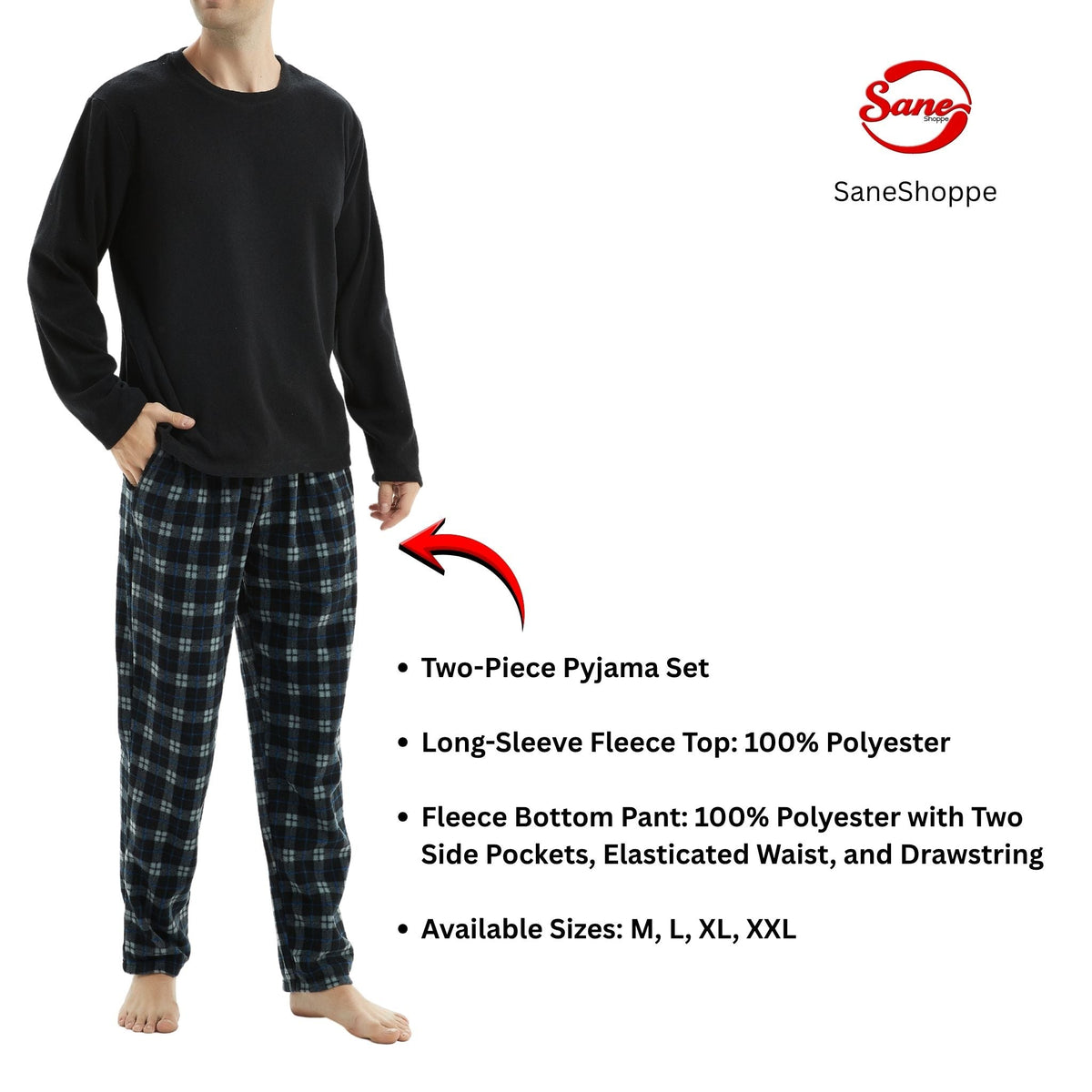 SaneShoppe - Men's Black Long Sleeve Pyjama Set made of Fleece Loungewear.