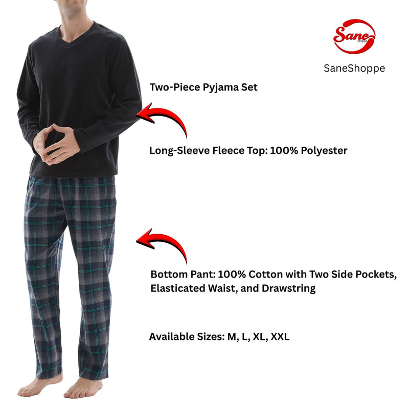 SaneShoppe - Men’s Checkered Pattern Pyjamas with Fleece Top and Cotton Bottoms Loungewear.
