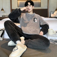 SaneShoppe - Men's Thickened Winter Coral Fleece Pajama Set - Large Size Teen Sleepwear