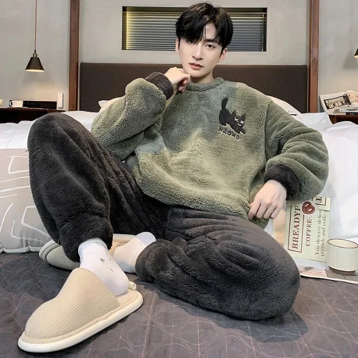 SaneShoppe - Men's Thickened Winter Coral Fleece Pajama Set - Large Size Teen Sleepwear