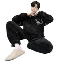 SaneShoppe - Men's Thickened Winter Coral Fleece Pajama Set - Large Size Teen Sleepwear