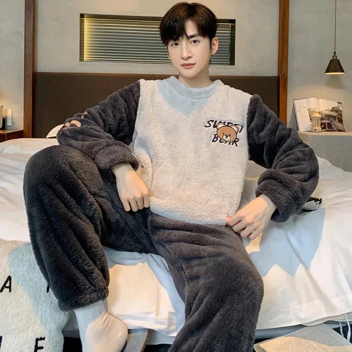 SaneShoppe - Men's Thickened Winter Coral Fleece Pajama Set - Large Size Teen Sleepwear
