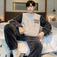 SaneShoppe - Men's Thickened Winter Coral Fleece Pajama Set - Large Size Teen Sleepwear
