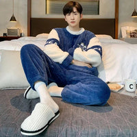 SaneShoppe Men's Thickened Winter Coral Fleece Pajama Set - Large Size Teen Sleepwear