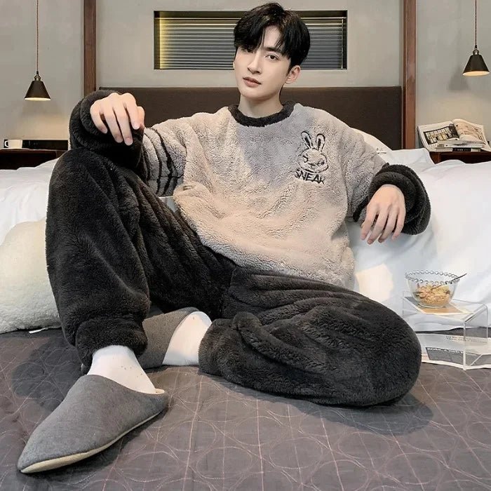 SaneShoppe - Men's Thickened Winter Coral Fleece Pajama Set - Large Size Teen Sleepwear