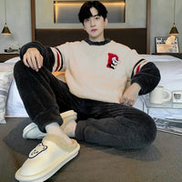 SaneShoppe Men's Thickened Winter Coral Fleece Pajama Set - Large Size Teen Sleepwear