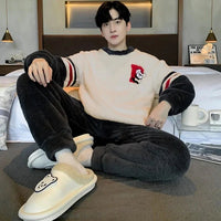 SaneShoppe - Men's Thickened Winter Coral Fleece Pajama Set - Large Size Teen Sleepwear